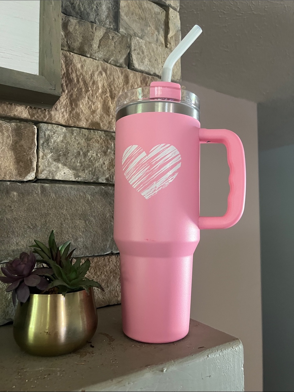 Pink Heart Travel Tumbler with Handle and Straw